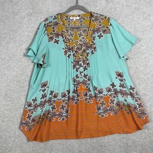 Rose & Olive Floral Border Print Pleated Blouse Womens 2X Flowy Boho Artsy